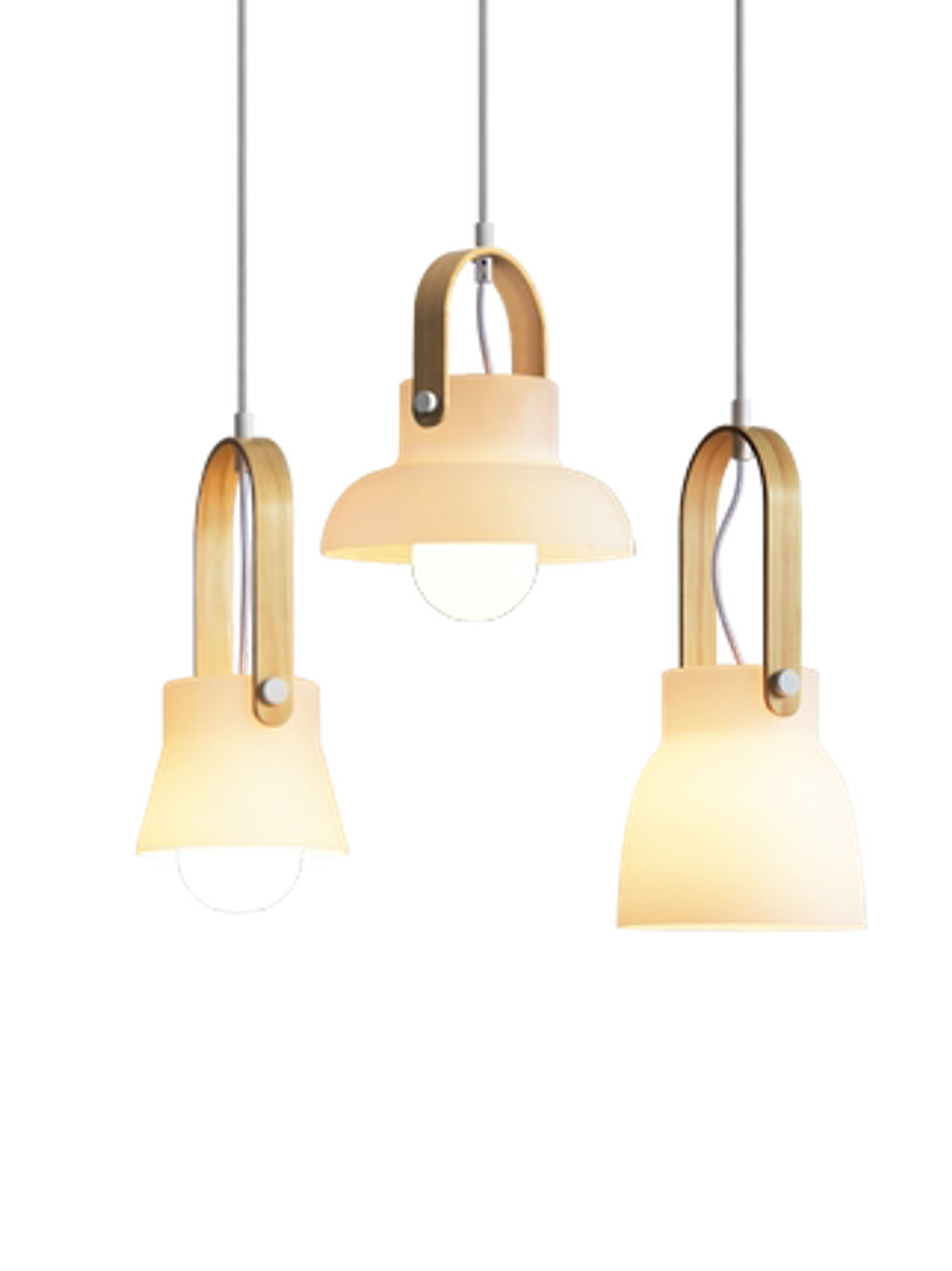 Pendant design lamp made of glass with a wooden rim