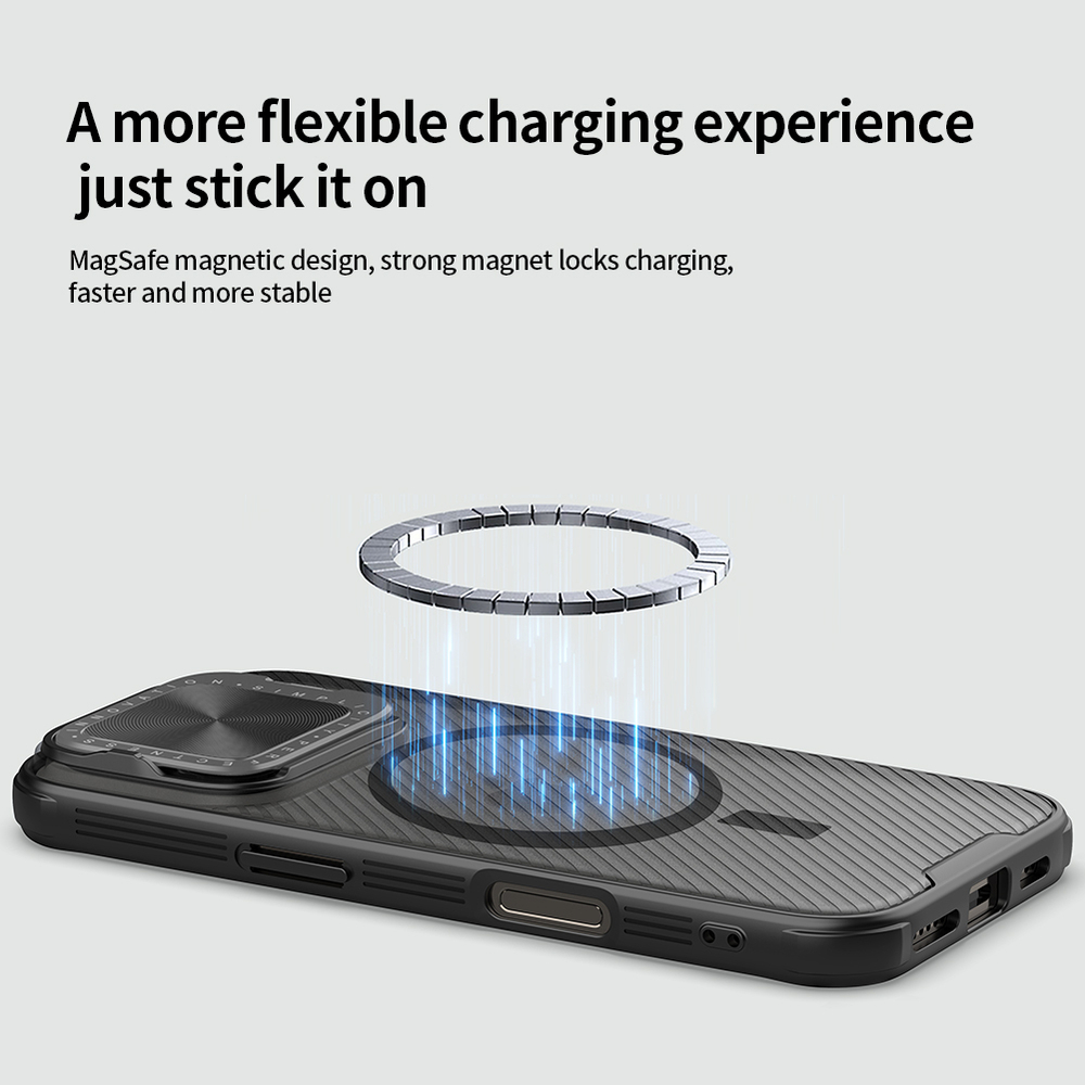 Чехол прозрачный тонированный (Transparent Black) от Nillkin с металлической крышкой и MagSafe на iPhone 16 Pro, серия CamShield Prop Magnetic Case