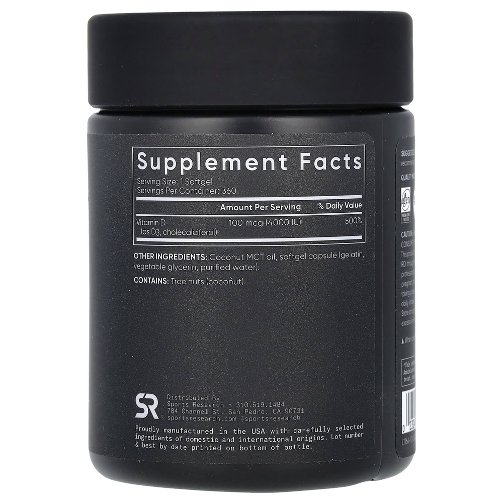 Sports Research, витамин D3, 100 мкг (4000 МЕ), 360 мягких таблеток