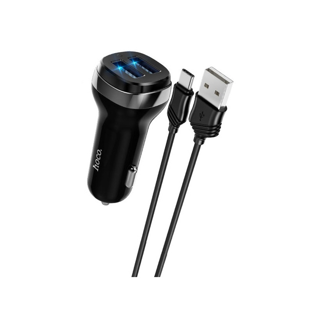 Разделитель автомобильный Hoco Z40 Superior dual port car charger с кабелем Type-C (2USB: 5V &amp; 2.4A) Черный