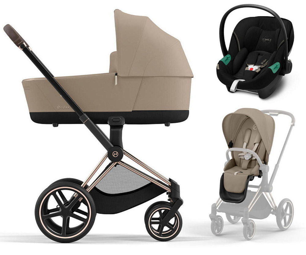 Коляска 3 в 1 Cybex Priam IV Rosegold complete и автокресло Aton S2 i-Size Moon Black Cozy Beige