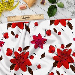 Ткань лен красные цветочки и листочки