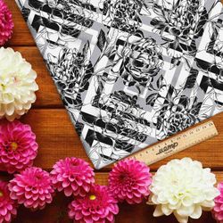 Ткань флис черно-белые цветы в ромбик