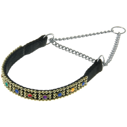 V.I.PET Ошейник-полуудавка со стразами 12мм (23*33см) с цугом (хром), черный