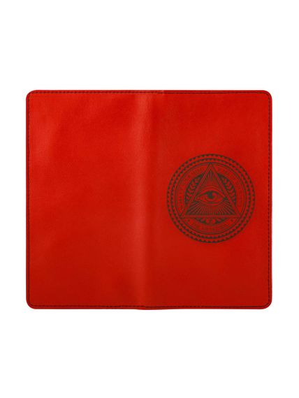 Фото функционального кошелька Всевидящее Око из красной кожи, вид сзади.