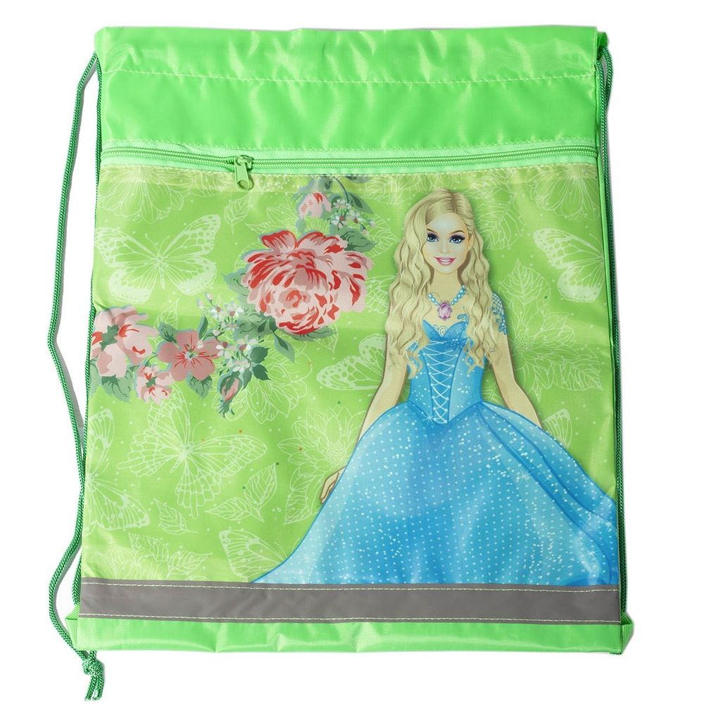 Мешок для сменной обуви, 1 отделение, ПЧЕЛКА, 340х420 мм, ткань, светоотражающая полоса, карман, "Принцесса", салатовый