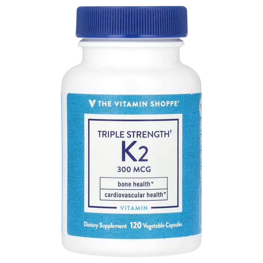 The Vitamin Shoppe, витамин K2, тройная сила, 300 мкг, 120 растительных капсул