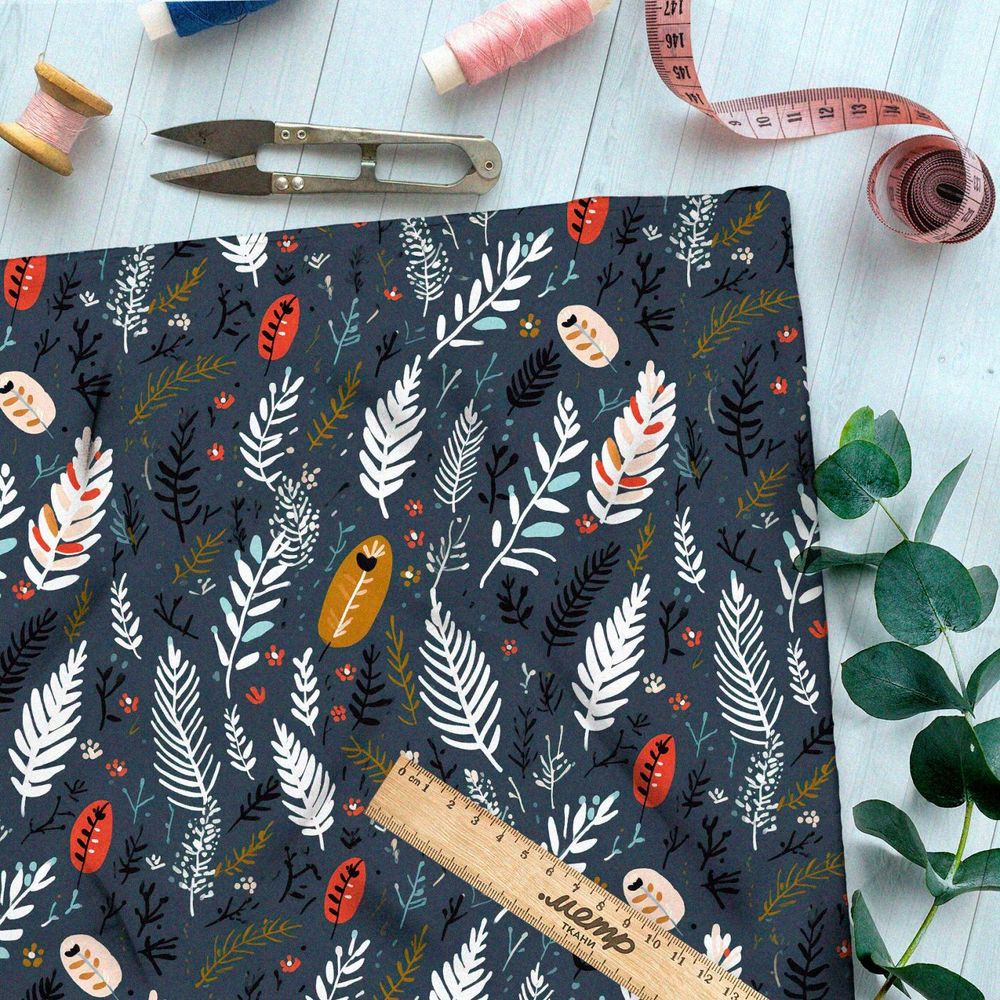 Ткань Ниагара Софт белые веточки на сером