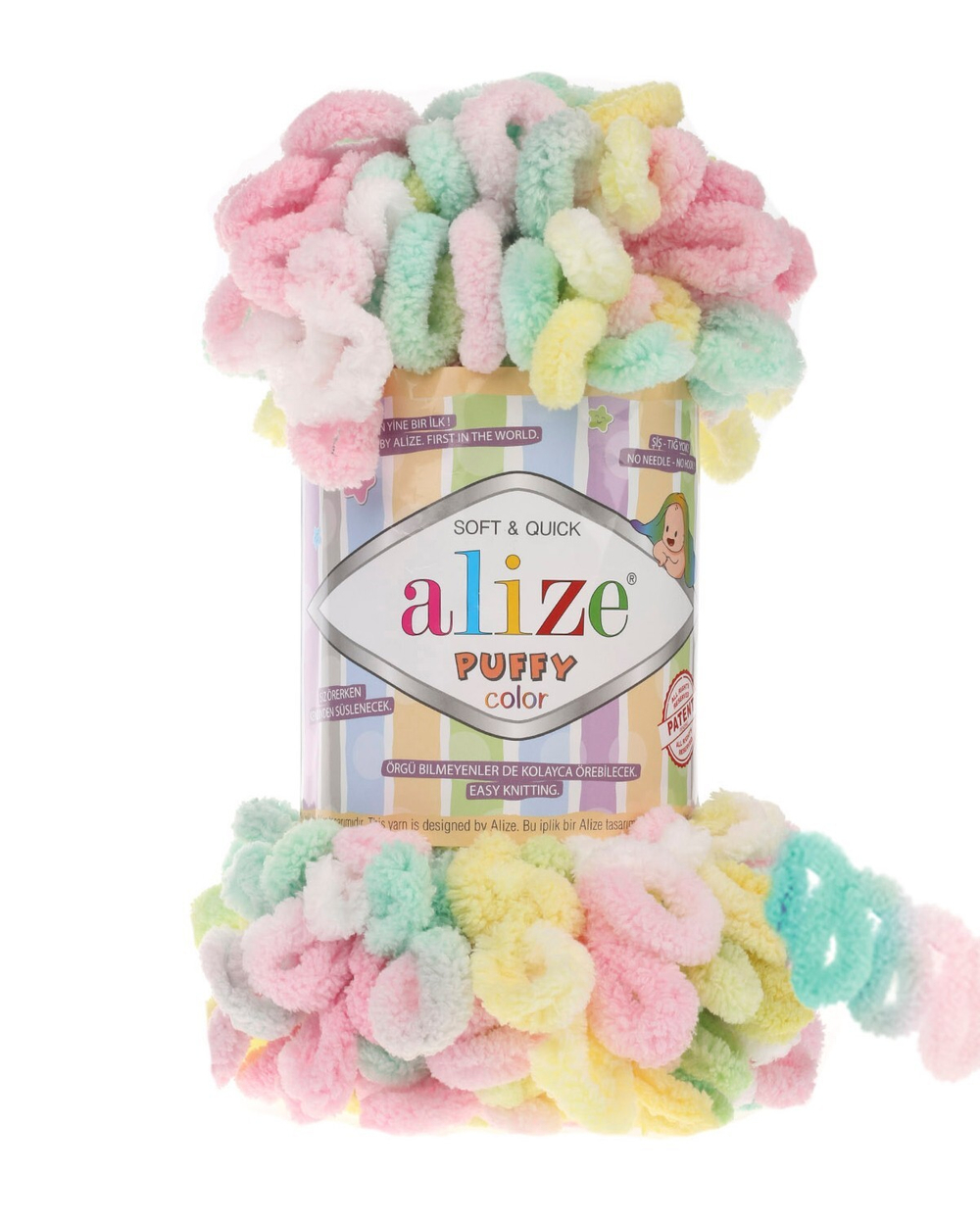 Пуффи колор (Puffy color) пряжа Alize 100%микрополиэстер 5х100г/9 м (5862 белый-желтый-розовый-зеленая бирюза)
