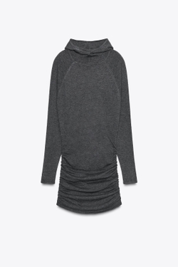 ZARA ТРИКОТАЖНОЕ МИНИ-ПЛАТЬЕ С КАПЮШОНОМ, АНТРАЦИТОВО-СЕРЫЙ