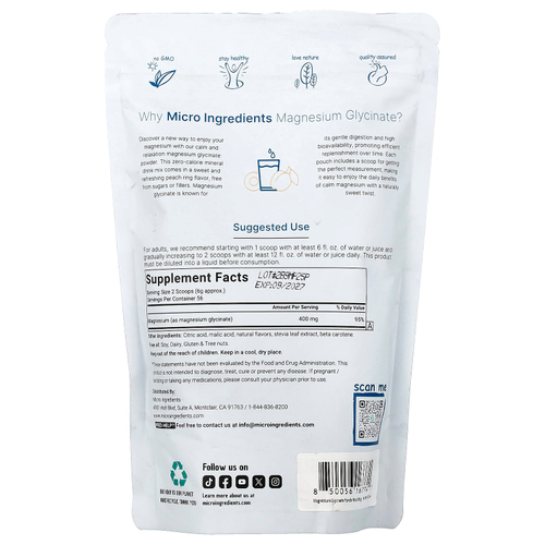Micro Ingredients, глицинат магния в порошке, со вкусом персика, 340 г (12 унций)