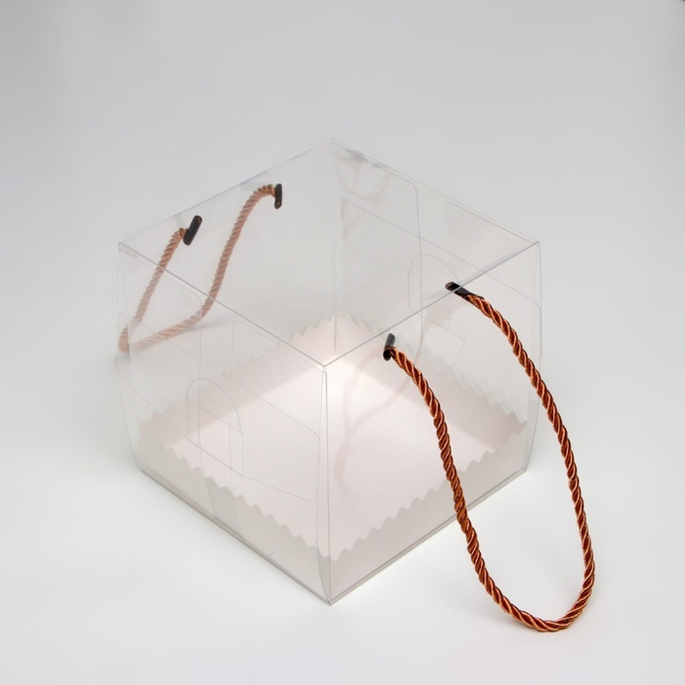 Коробка для бенто прозрачная с веревочными ручками  14×14×14 см