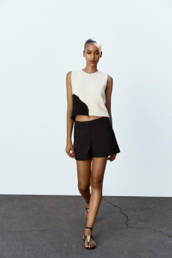 ZARA ТРИКОТАЖНЫЙ ТОП БЕЗ РУКАВОВ, ЭКРЮ/ЧЕРНЫЙ