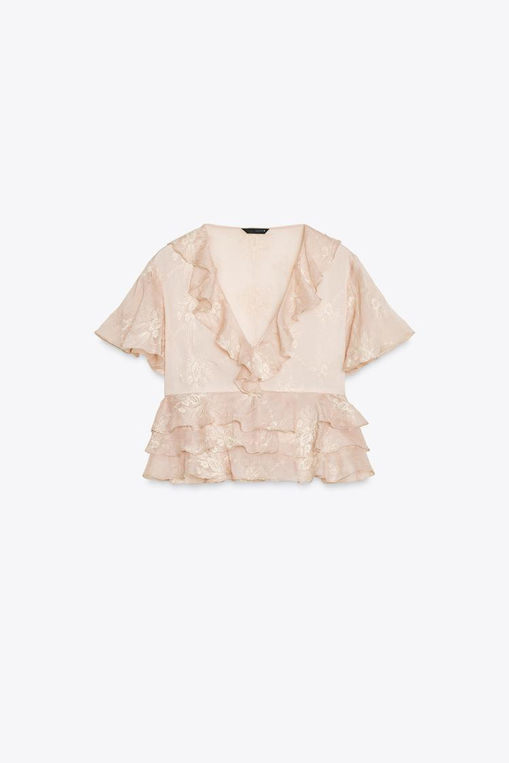 ZARA ТОП С ОБОРКАМИ И ВЫШИВКОЙ, ТЕЛЕСНО-РОЗОВЫЙ