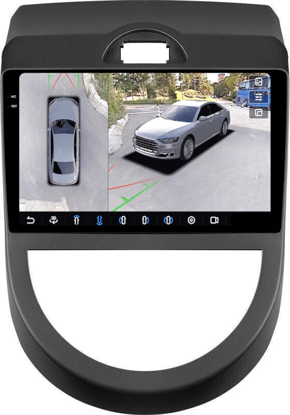 Магнитола для KIA Soul 1 2008-2011 - FarCar BX3061M-360 монитор 9.5" 2K QLED на Android 13, 6Гб+128Гб, CarPlay, 4G SIM-слот, 4 камеры в комплекте