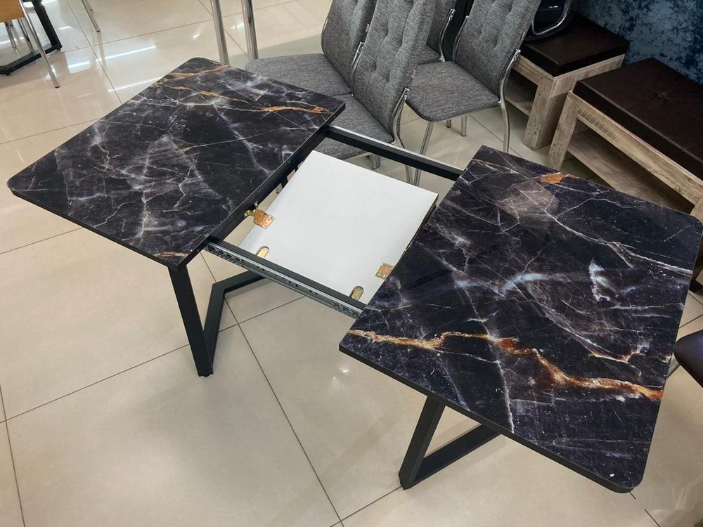 Стол разд стекло Миллер бабочка К-т ног №5 черный Царг.пояс 930 черный Ст-ца мрамор черная ф/п (чер)