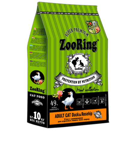 Корм ZooRing Adult Cat (Зооринг) для кошек, с уткой и шиповником, 10 кг