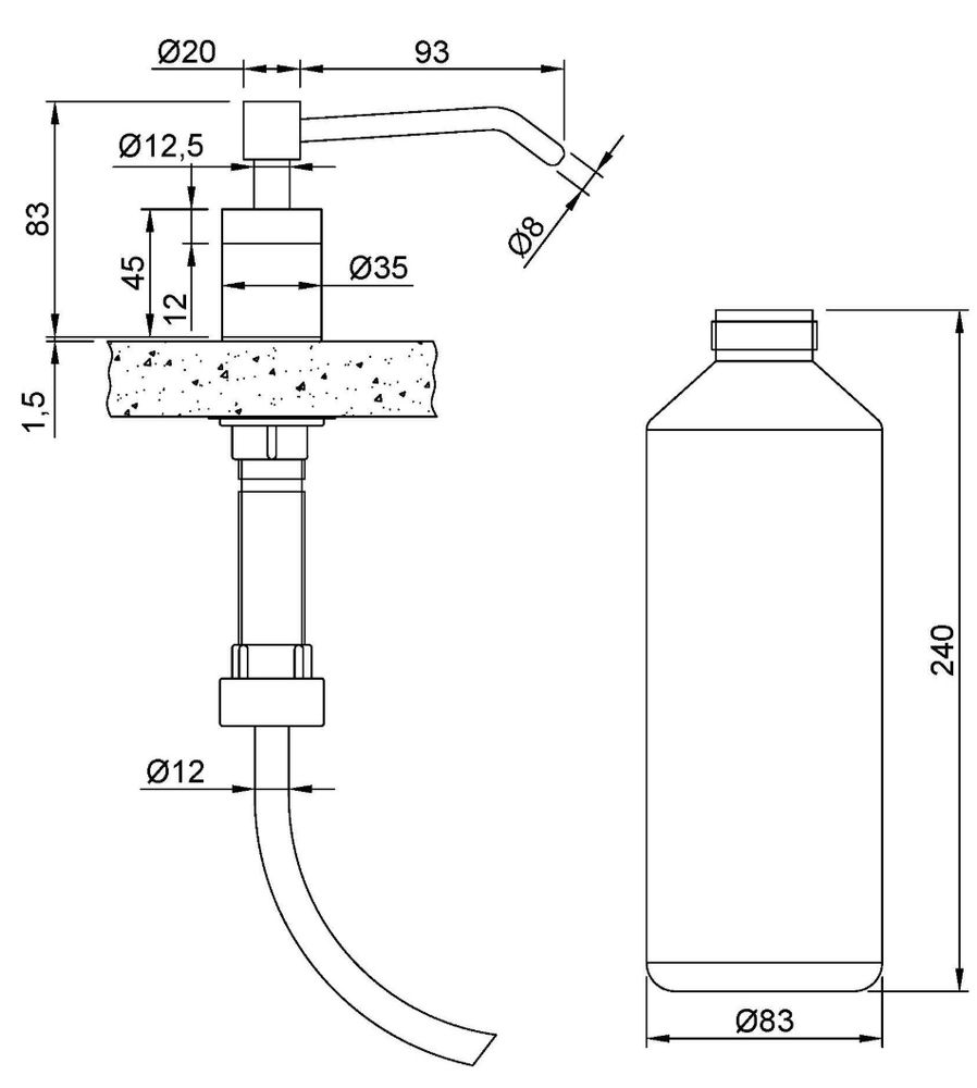 Диспенсер для мыла с кнопкой встраиваемый в столешницу 1000 мл. нерж. сталь NOFER 03102.S матовый