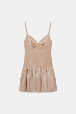 ZARA КОРОТКОЕ ПЛАТЬЕ НА БРЕТЕЛЯХ С ОБЪЕМНОЙ ЮБКОЙ, ЭКРЮ