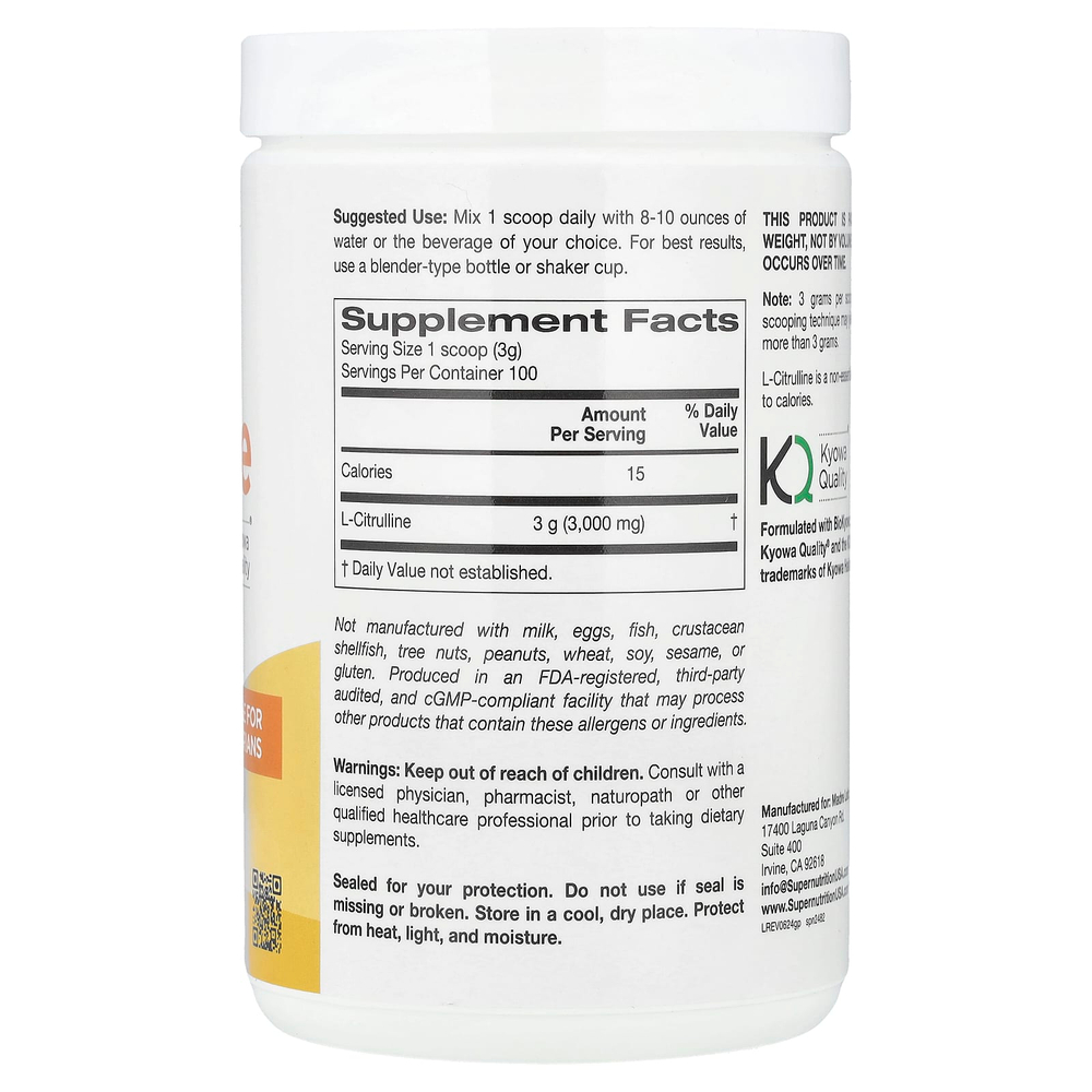 Super Nutrition, L-цитруллин, без добавок, 300 г (10,58 унции)
