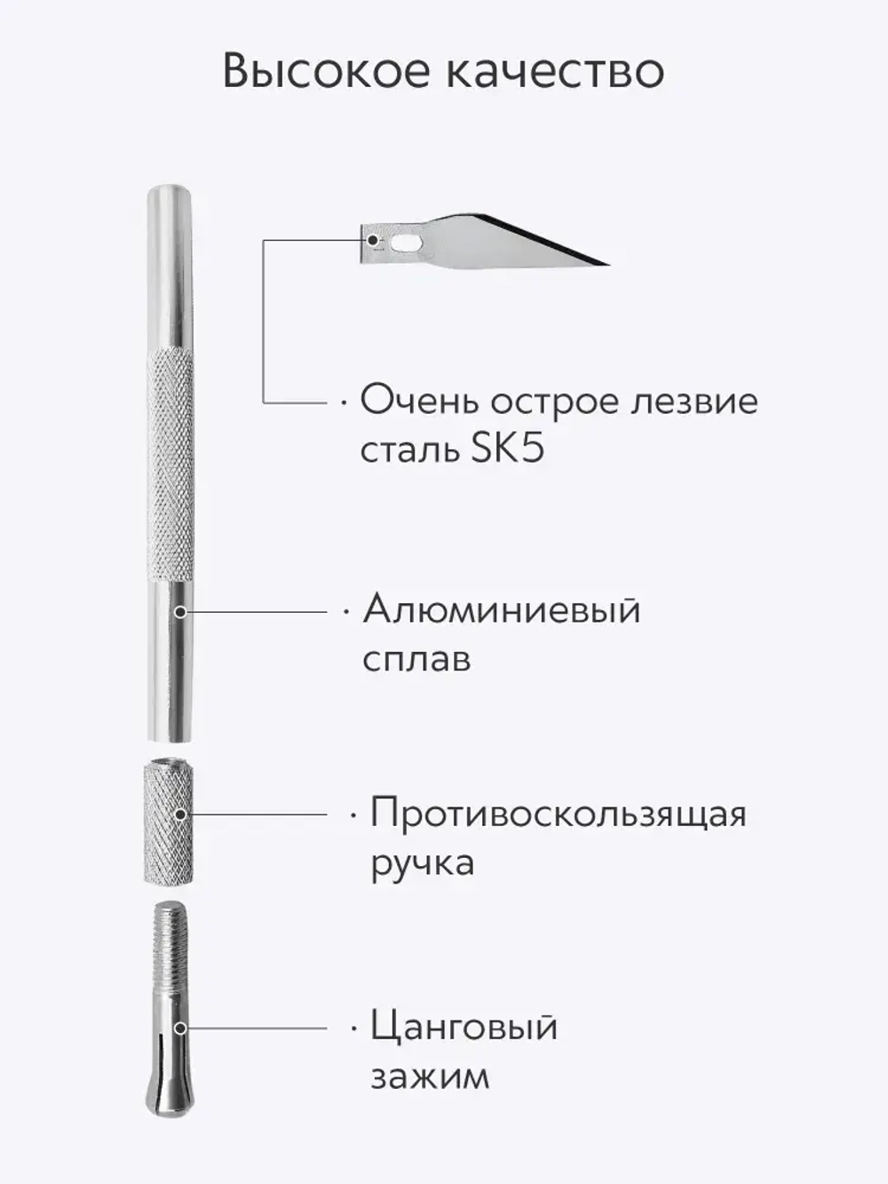 Нож скальпель канцелярский, макетный + 5 лезвий, алюминий, серебристый