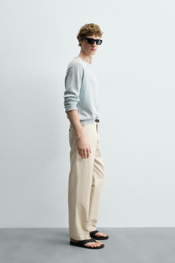 ZARA ПРЯМЫЕ БРЮКИ ЧИНОС ИЗ ХЛОПКА И ЛЬНА, ПЕСОЧНЫЙ