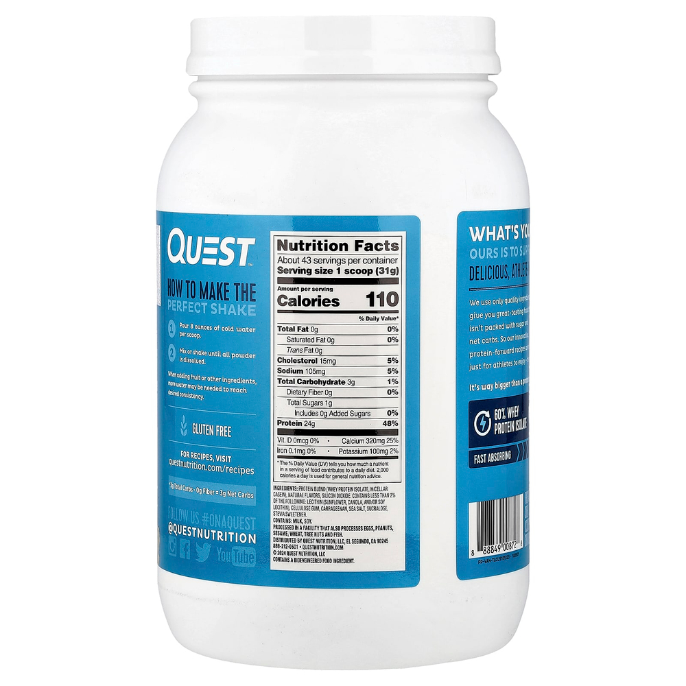 Quest Nutrition, протеиновый порошок, со вкусом ванильного молочного коктейля, 1,36 кг (3 фунта)