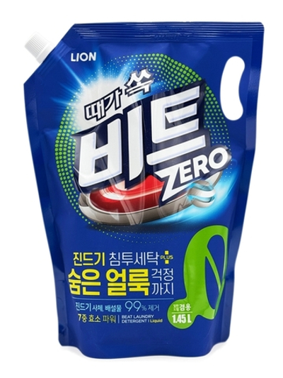 Средство для ручной и автоматной стирки жидкое концентрированное универсальное с мощным очищающим эффектом 1450 мл LION Beat Zero (мягкая упаковка)