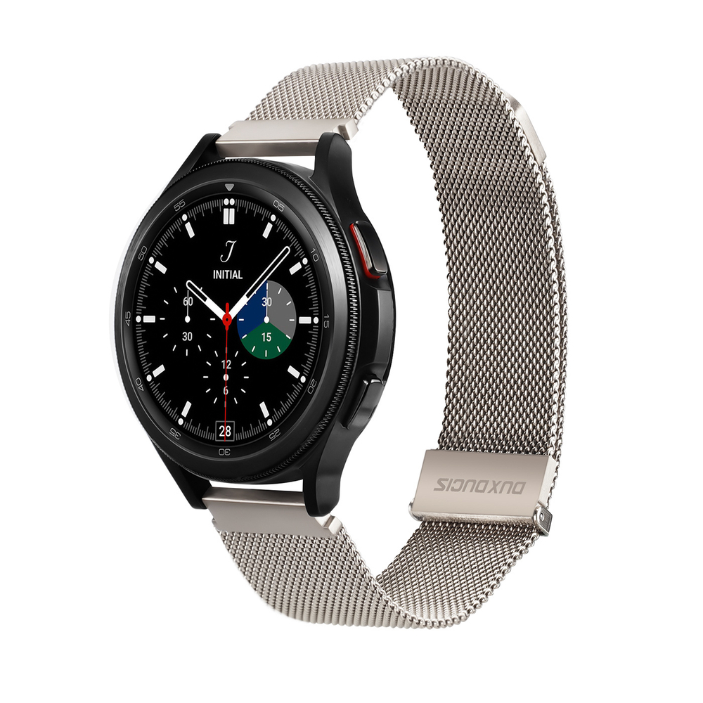 Ремешок из нержавеющей стали серого цвета (Starlight) от Dux Ducis для смарт часов Samsung Galaxy Watch 3, 4, 5, 6 и 7 (размер крепления 20мм), серия Milanese Series (миланская петля)