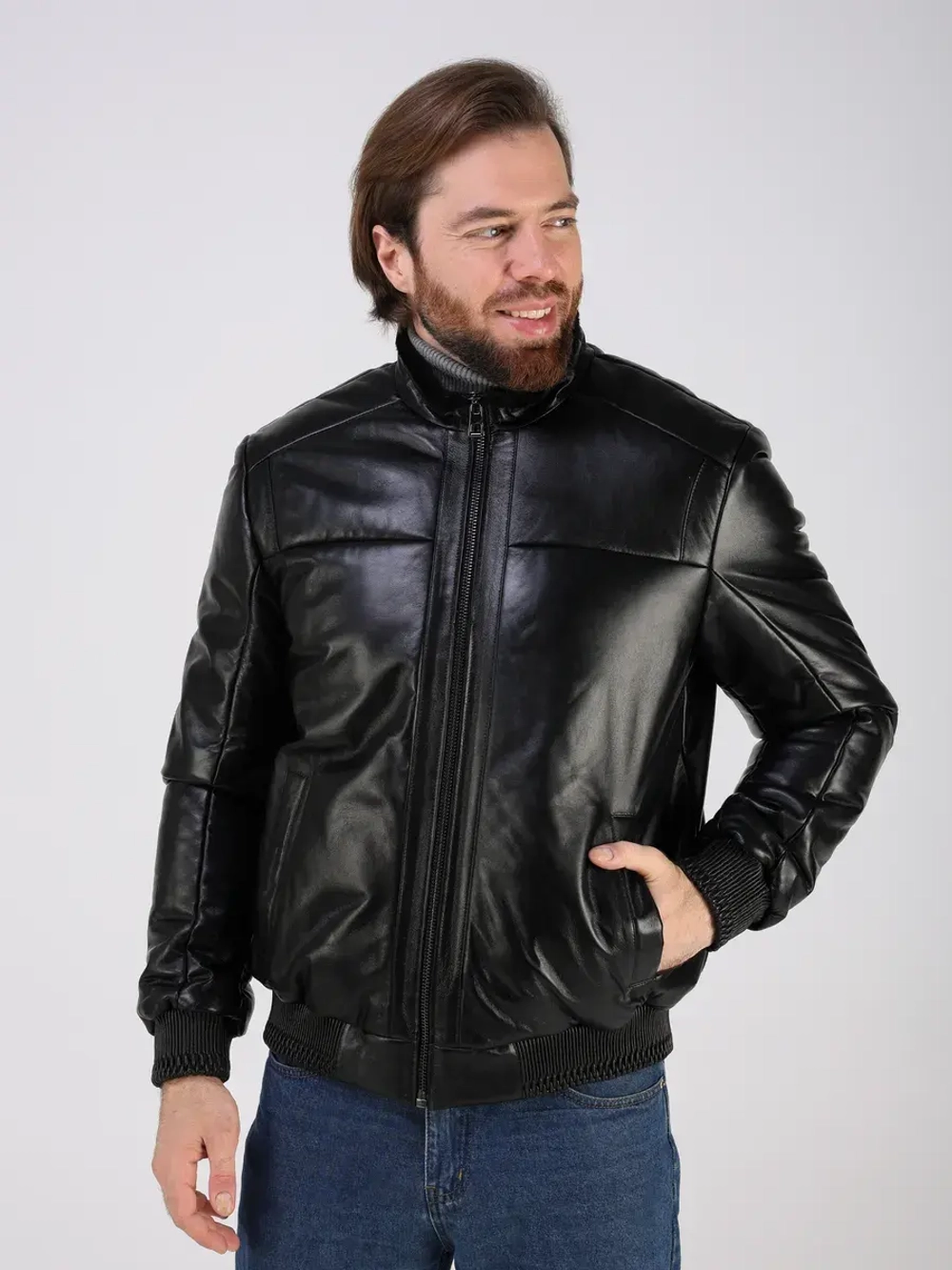 Куртка пуховик из натуральной кожи утепленная короткая