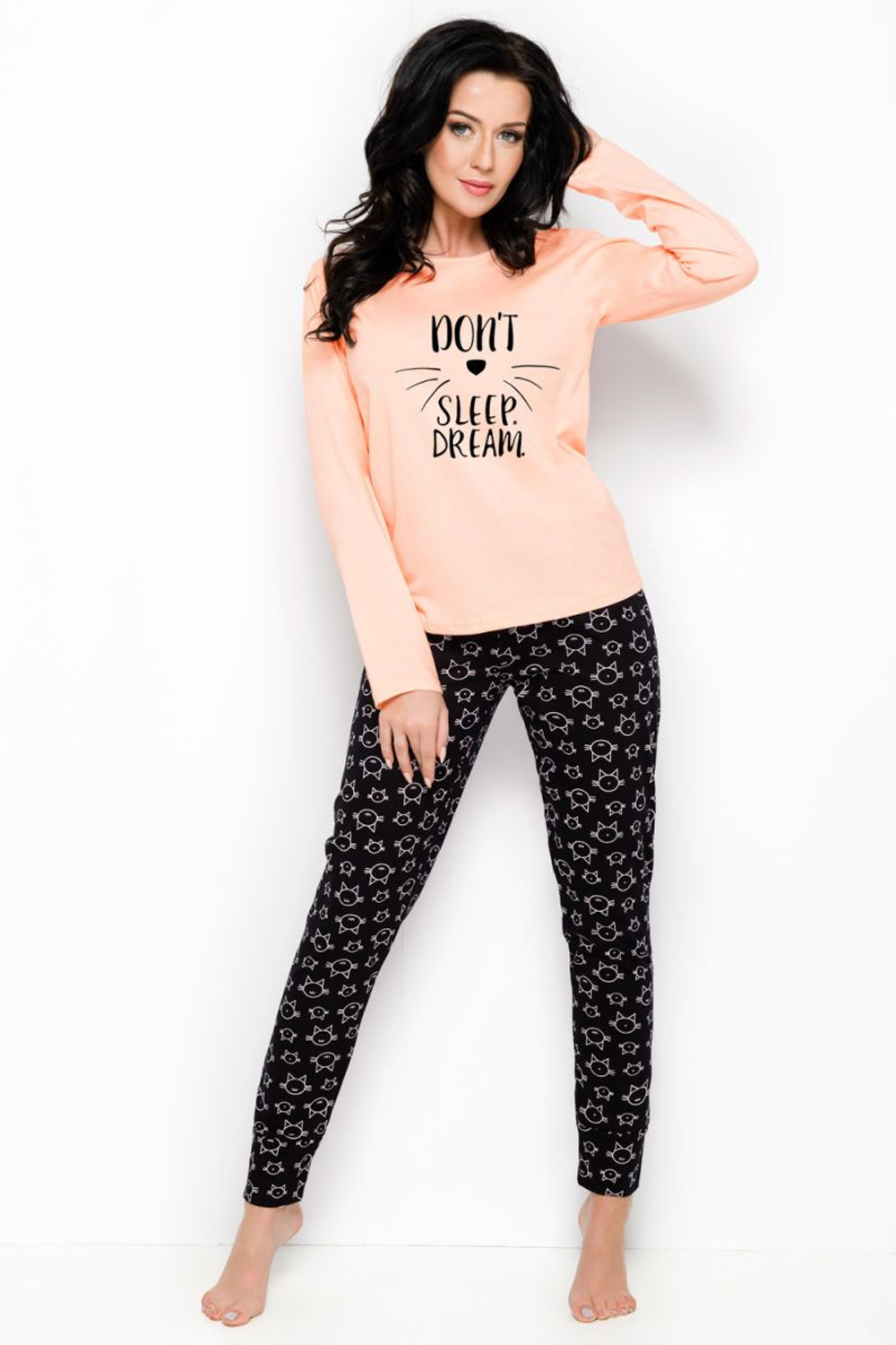 Пижама Gala со штанами, украшенными котиками (Размер: S) (Цвет: персиковый с черным)