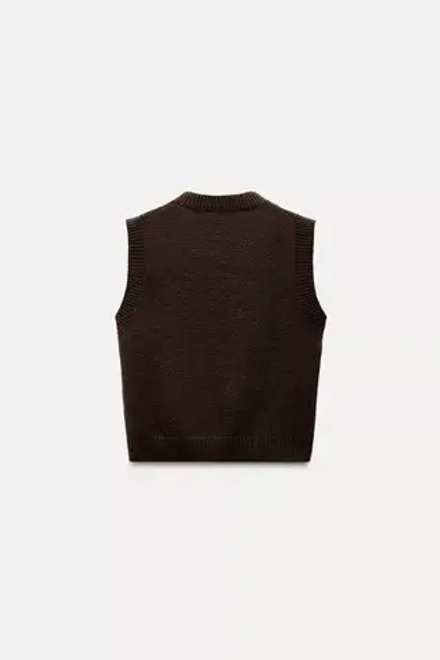 ZARA ОДНОТОННЫЙ ТРИКОТАЖНЫЙ ЖИЛЕТ, ТЕМНО-КОРИЧНЕВЫЙ