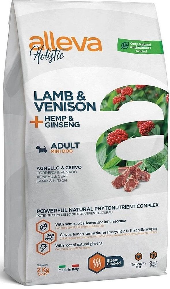 Корм для взрослых собак Аллева Холистик с ягненком и олениной, коноплей и женьшенем. Мини 2 кг Корм для взрослых собак Аллева Холистик с ягненком и олениной, коноплей и женьшенем. Мини 2 кг