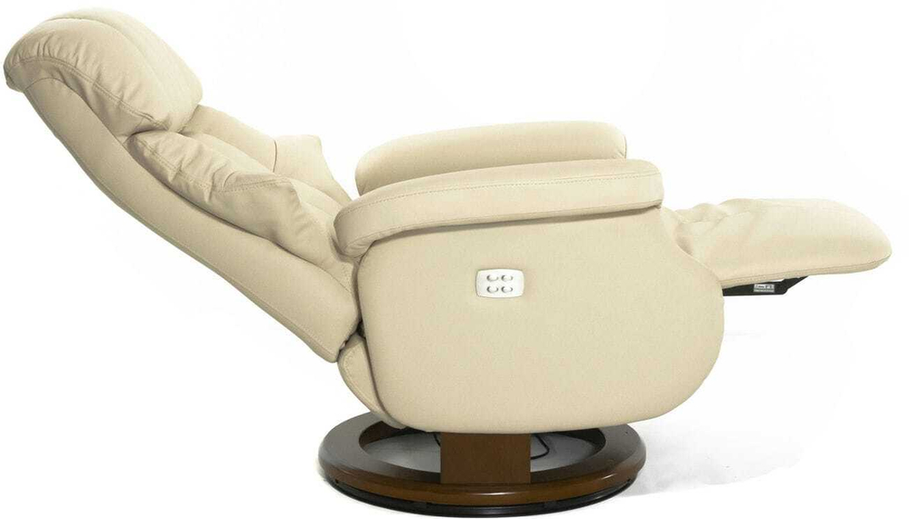 Кресло реклайнер Relax Lux Electro S16099RWB, натуральная кожа кремовая (061), основание дерево темный орех (029)