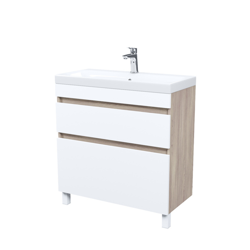 Тумба с умывальником напольная с ящиками IDDIS Zodiac, 80 см, белая/под дерево, ZOD8ABFi95K