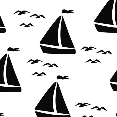 Парусники и чайки. Силуэты на белом.