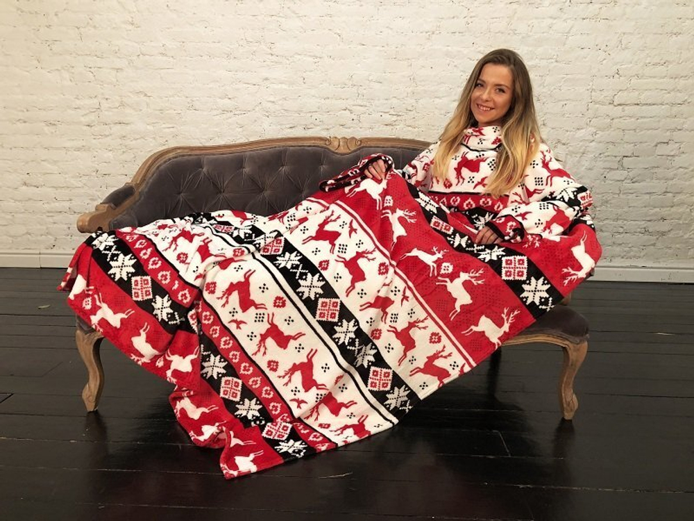 Плед велсофт PRIVAL, красный скандинавский узор(Олени на красном фоне) 180 см х200 см