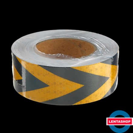 Жёлто-чёрная светоотражающая лента стрелка 5 см х 25 метров