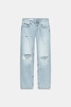 ZARA ДЖИНСЫ TRF ПРЯМОГО КРОЯ С НИЗКОЙ ПОСАДКОЙ И РАЗРЕЗАМИ, ГОЛУБОЙ