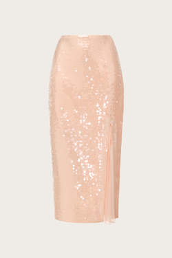 ЮБКА-МИДИ ИЗ РОЗОВОГО ШИФОНА, РАСШИТАЯ ПАЙЕТКАМИ ВРУЧНУЮ