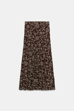 ZARA ЮБКА МИДИ С ВЫШИВКОЙ, КОРИЧНЕВЫЙ/ЭКРЮ