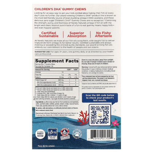 Nordic Naturals, DHA™, жевательные таблетки для детей, от 3 лет, тропический пунш, 30 жевательных таблеток (355 мг в 1 жевательной таблетке)