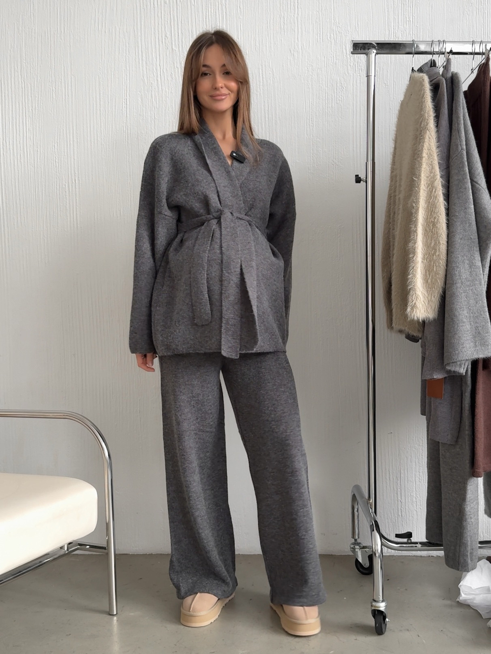 Комплект вязаный, кардиган с поясом и брюки