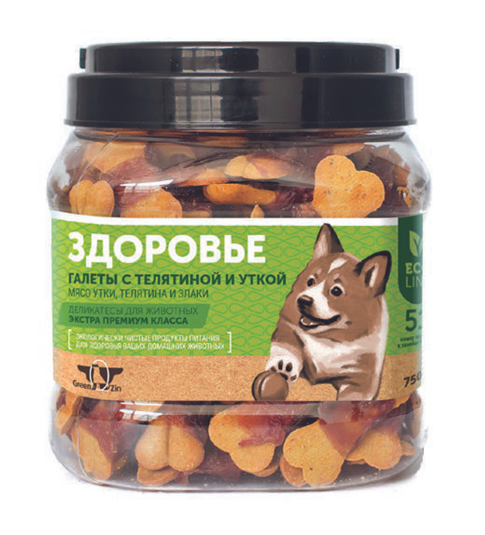 Лакомство для собак "Грин Кьюзин" GREEN QZIN ЗДОРОВЬЕ - галеты злаковые с уткой (утка и злаки) 750гр*6