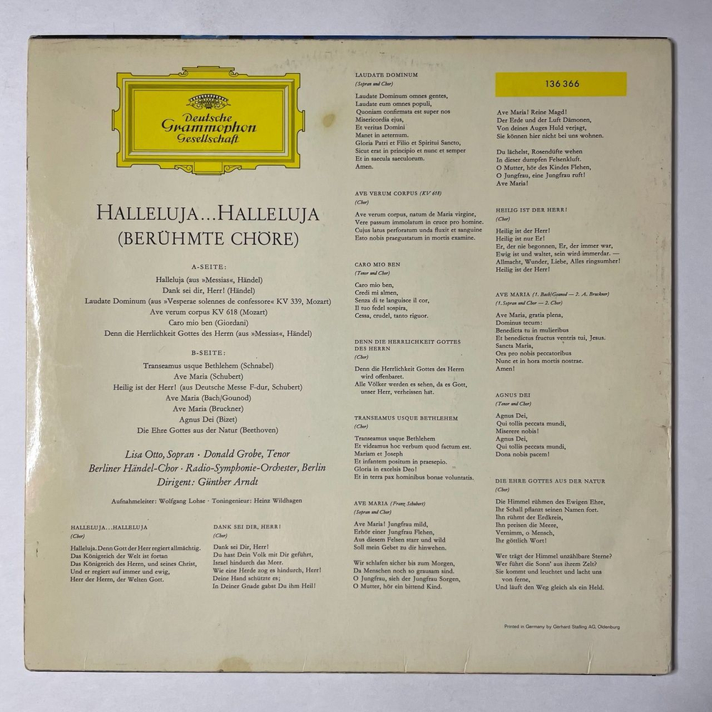 Винтажная виниловая пластинка LP Berliner Handel Chor, Radio Symphonie Orchester Berlin, G nther Arndt Halleluja Halleluja (Germany 1977)