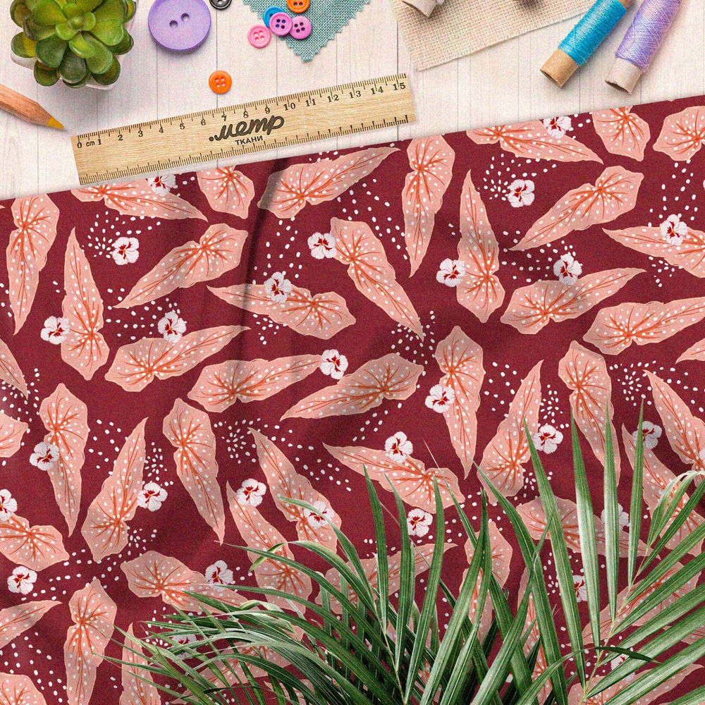 Ткань барби коралловый лотос на красном фоне
