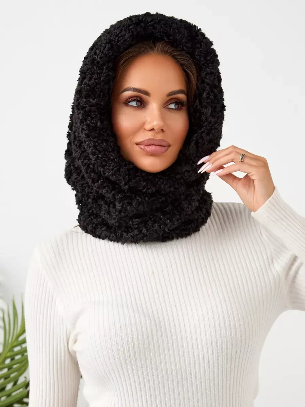 Капор зимний вязаный капюшон на флисе