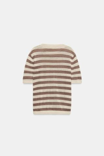 ZARA ТРИКОТАЖНЫЙ ТОП С КОРОТКИМИ РУКАВАМИ, ЭКРЮ/КОРИЧНЕВЫЙ