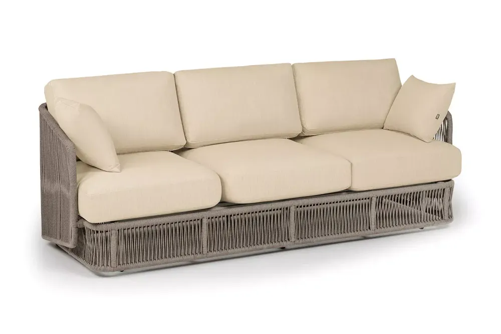 "Альбано" диван 3-местный плетеный из роупа, каркас алюминий светло-серый (RAL7035) муар, роуп серый меланж круглый, ткань Mossle светло-бежевая