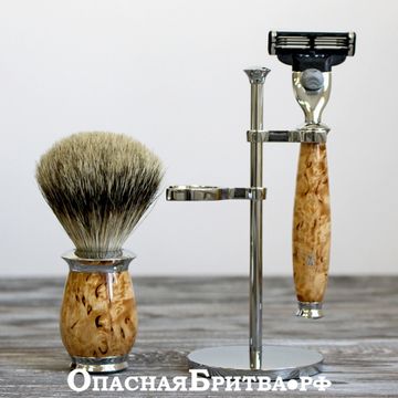 Бритвенный набор MUEHLE PURIST, каповая береза, барсучий ворс высшей категории Silvertip, бритва Mach3